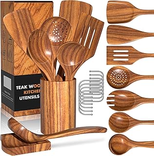 Natural Teak Kitchen Cooking Utensil Set with Holder